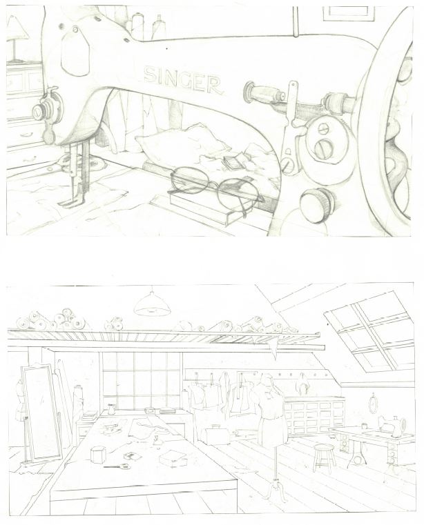 Atelier d'artisan couturier, line art
