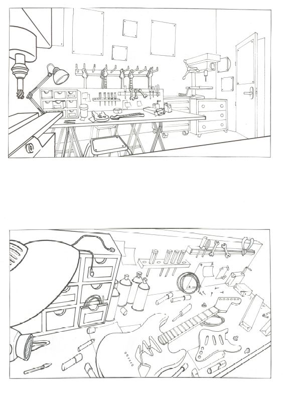 Atelier d'artisan luthier, line art 