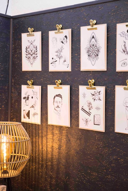 Mur de dessins réalisés par Thibault pour le salon de tatouage de la boutique Lee Berthy à Montpellier